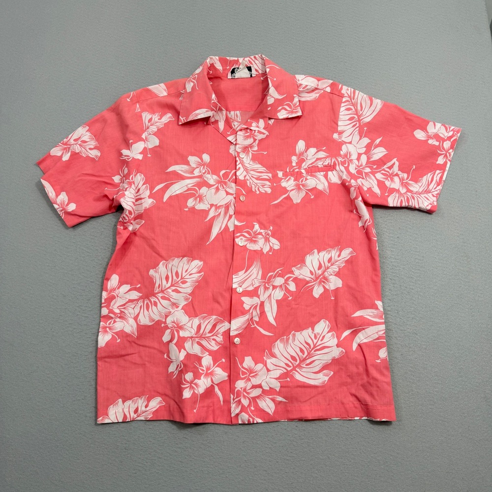 Vintage Hilo Hattie Button Shirt Mens XL Pink Floral Hawaiian Aloha Short Sleeve